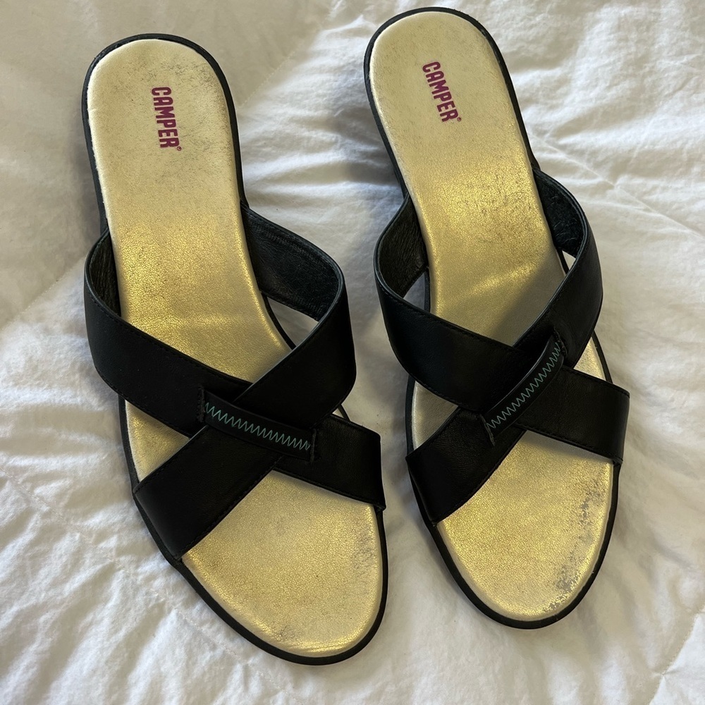 Black and Gold Women's Sandals, Camper, Size US 11 (EU 41)